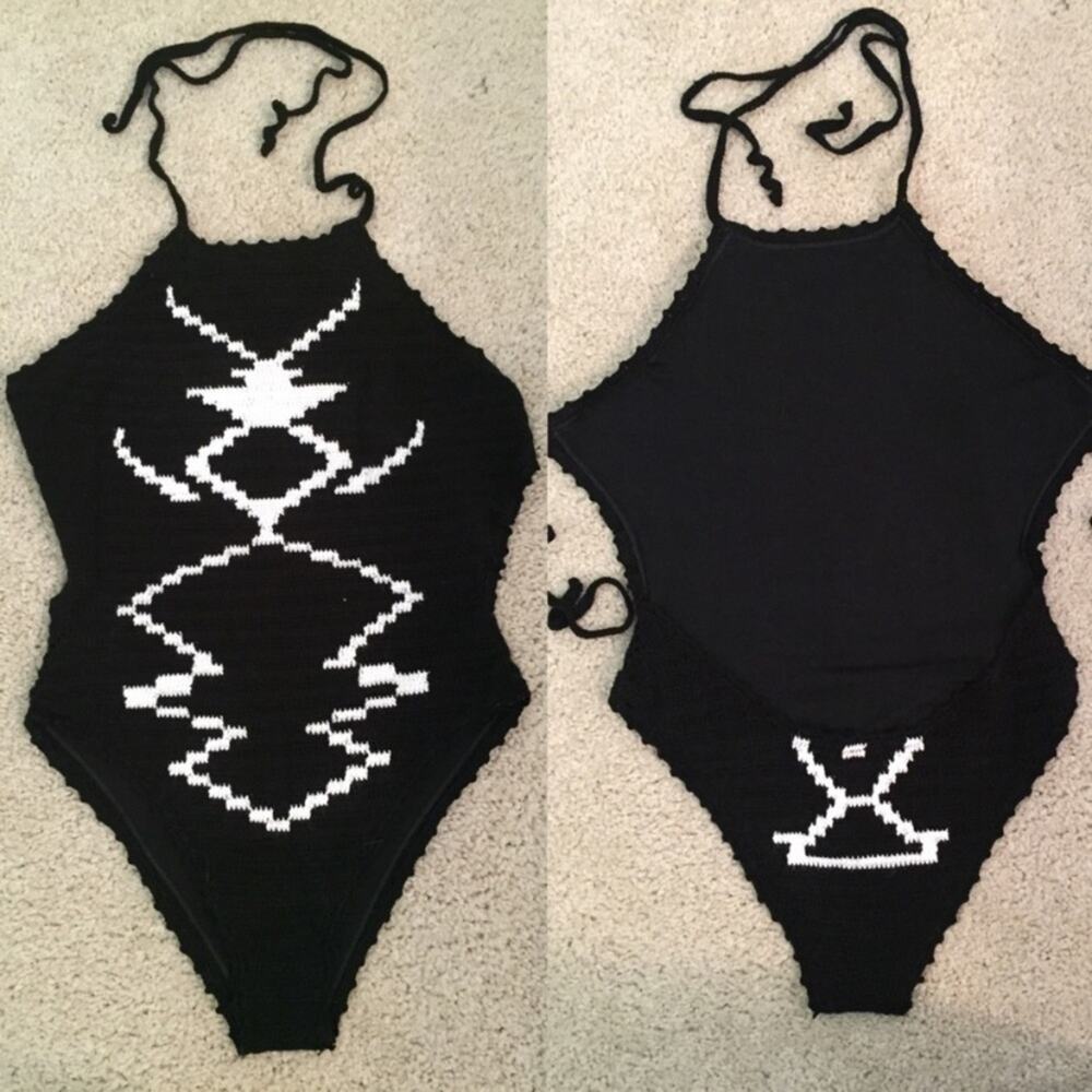 Lovers + Friends No Secrets Black White Crochet one piece size large - Picture 2 of 4